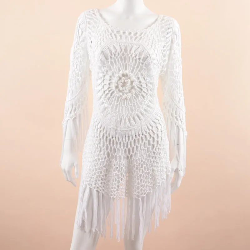 CUPSHE White Crochet Bikini Cover Up with Fringe Trim Women Sexy Hollow Tunic Beach Dress Summer Bathing Suit Beachwear