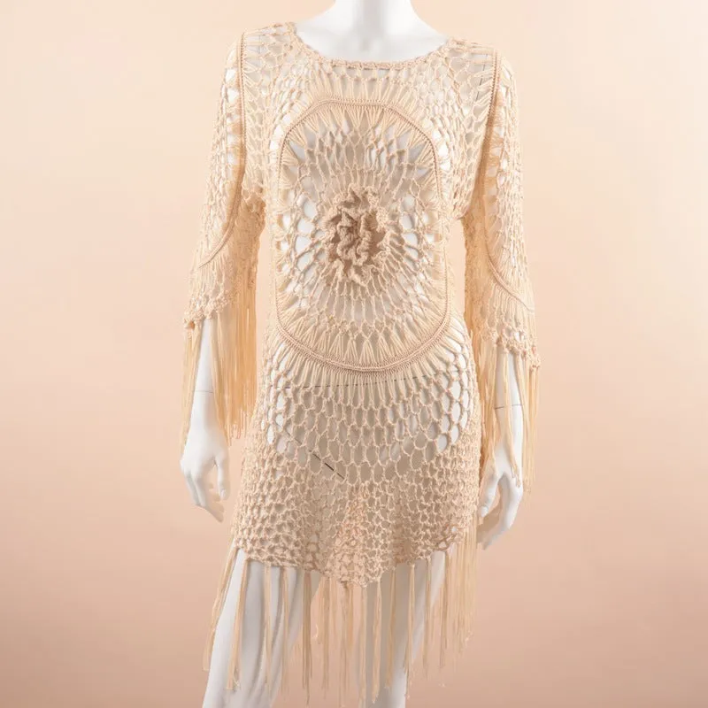 CUPSHE White Crochet Bikini Cover Up with Fringe Trim Women Sexy Hollow Tunic Beach Dress Summer Bathing Suit Beachwear