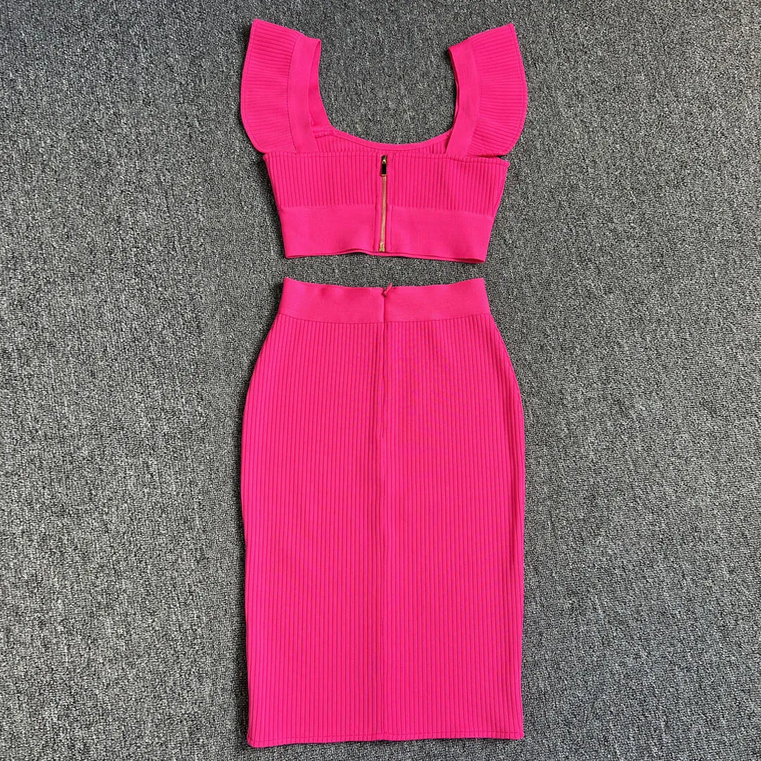 Cute Rib Knit Bandage Crop Top Bodycon Midi Skirt Matching Set - Hot Pink