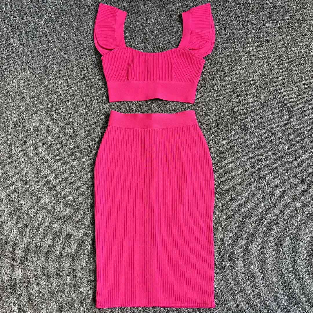 Cute Rib Knit Bandage Crop Top Bodycon Midi Skirt Matching Set - Hot Pink