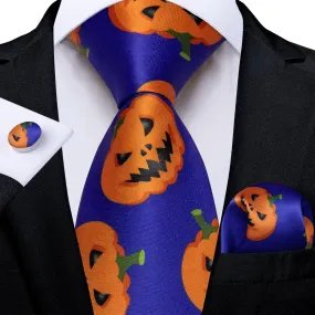 DiBanGu Blue Orange Halloween Pumpkin Necktie Pocket Square Cufflinks Set