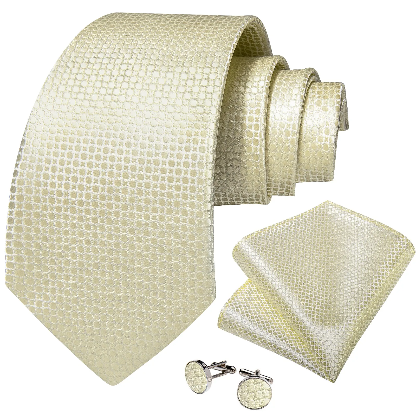 DiBanGu Champagne Tie Cream Geometric Men's Tie Pocket Square Cufflinks Set