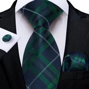 DiBanGu Deep Blue Green Striped Silk Mens Tie Hanky Cufflinks Set