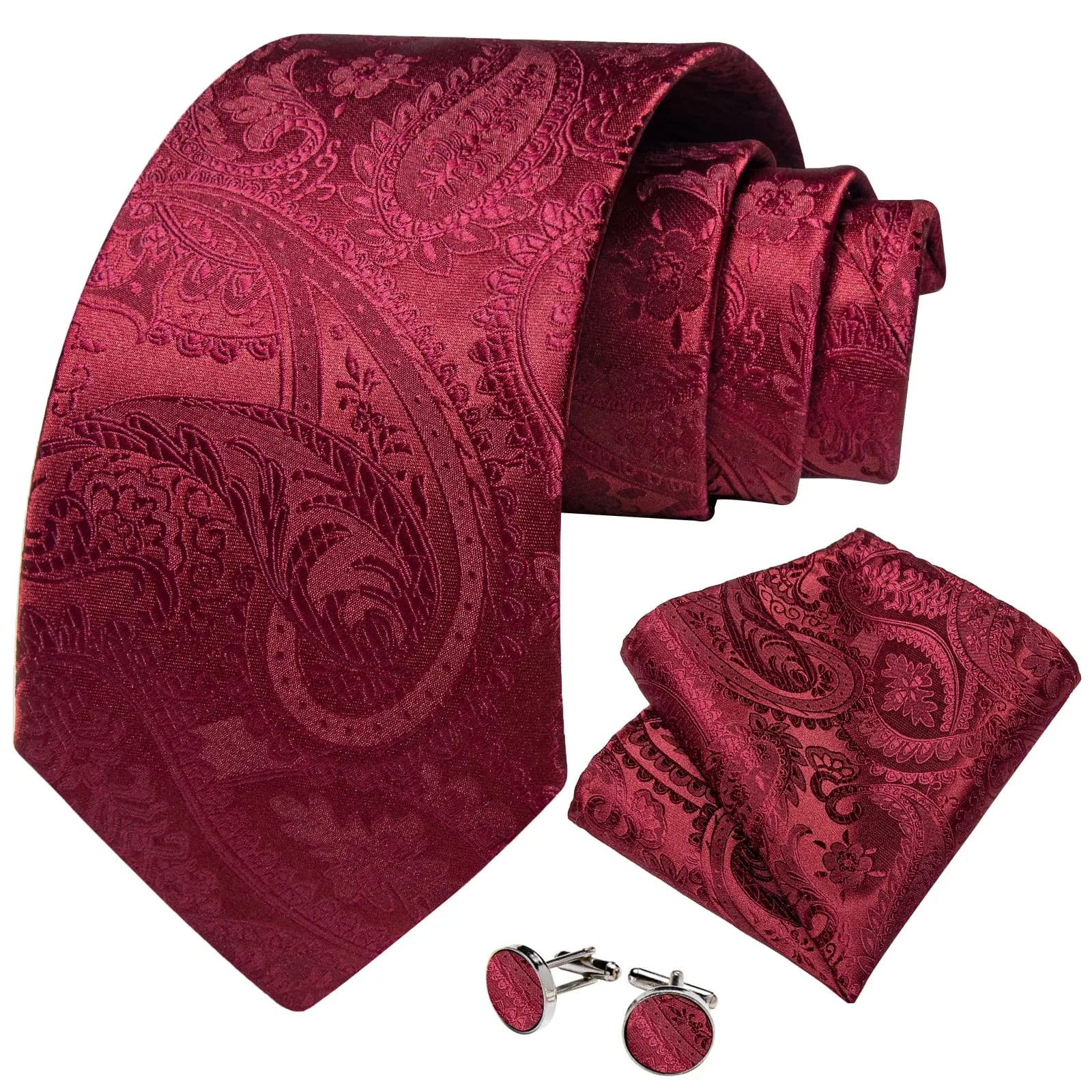 DiBanGu Dress Tie Cordovan Red Floral Mens Silk Work Tie Handkerchief Cufflinks Set