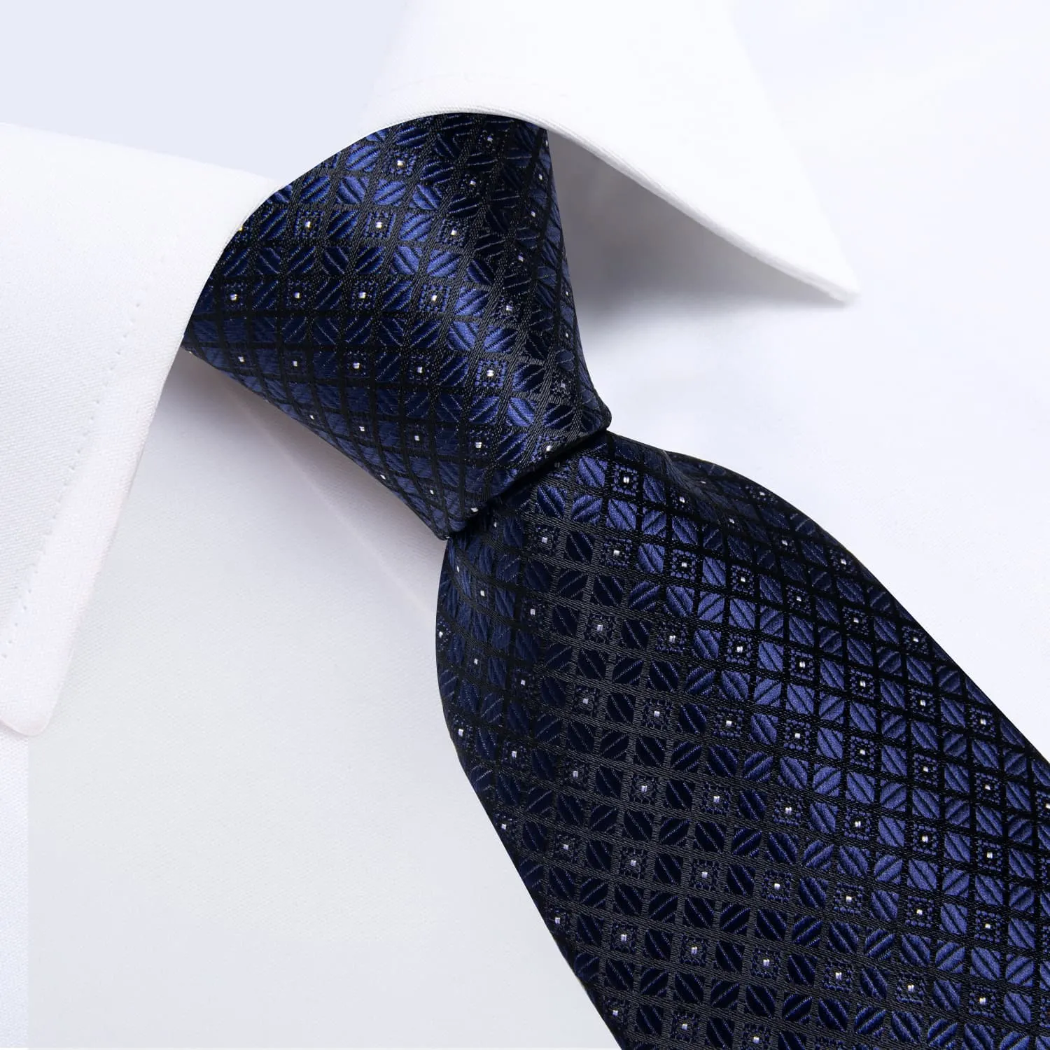 DiBanGu Dress Tie Deep Blue Plaid Men's Silk Tie Handkerchief Cufflinks Set