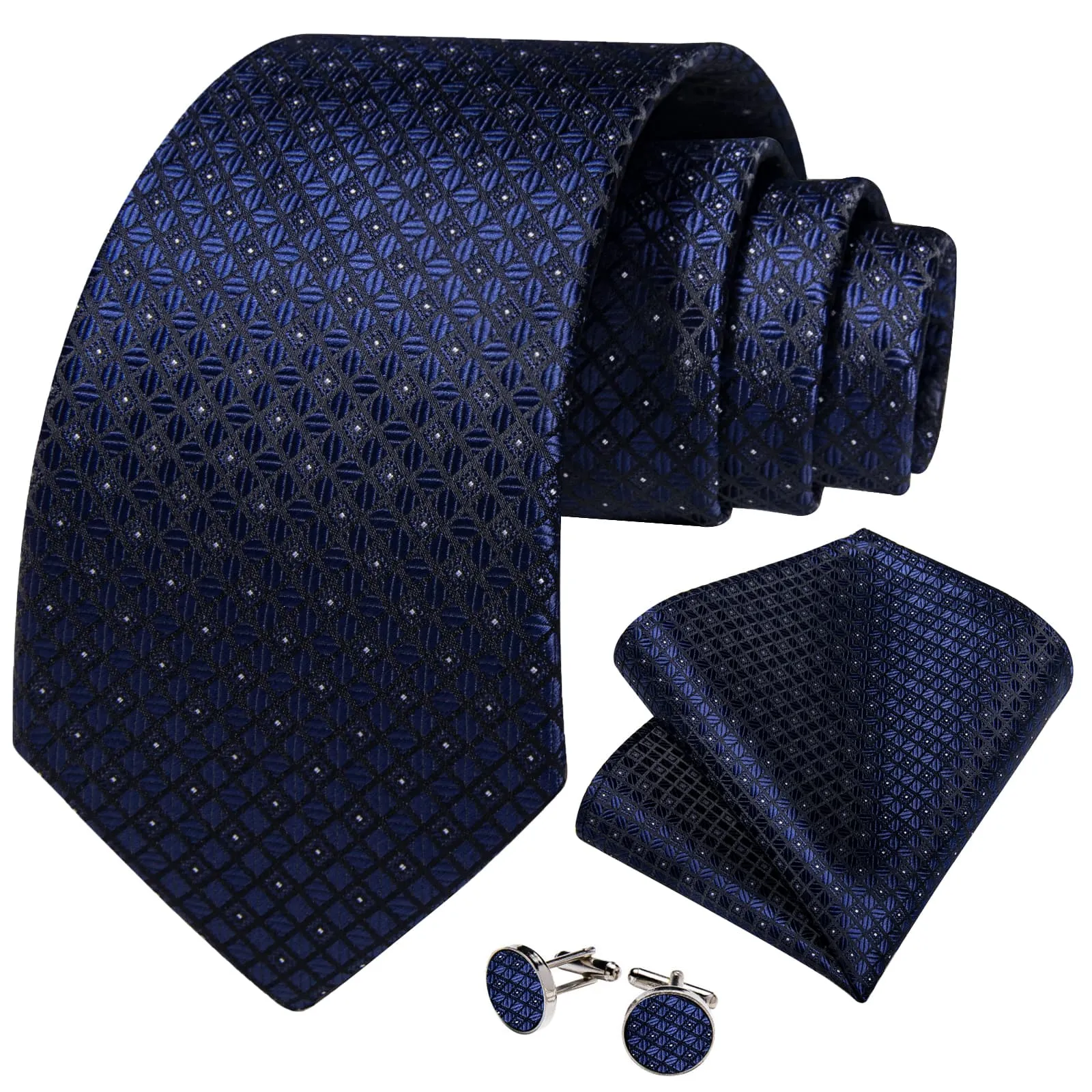 DiBanGu Dress Tie Deep Blue Plaid Men's Silk Tie Handkerchief Cufflinks Set