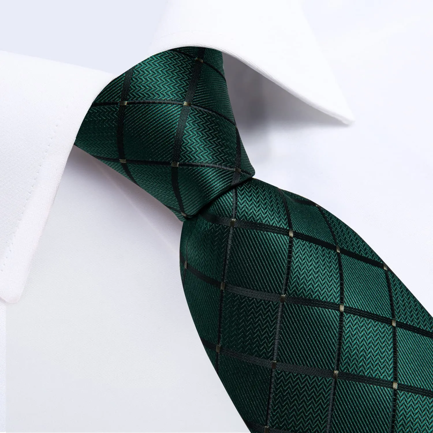 DiBanGu Dress Tie Deep Green Plaid Men's Silk Tie Pocket Square Cufflinks Set