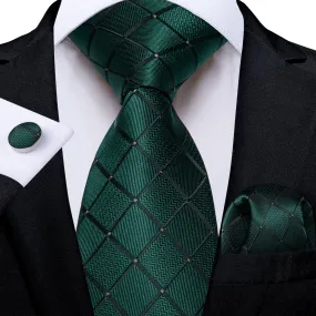 DiBanGu Dress Tie Deep Green Plaid Men's Silk Tie Pocket Square Cufflinks Set