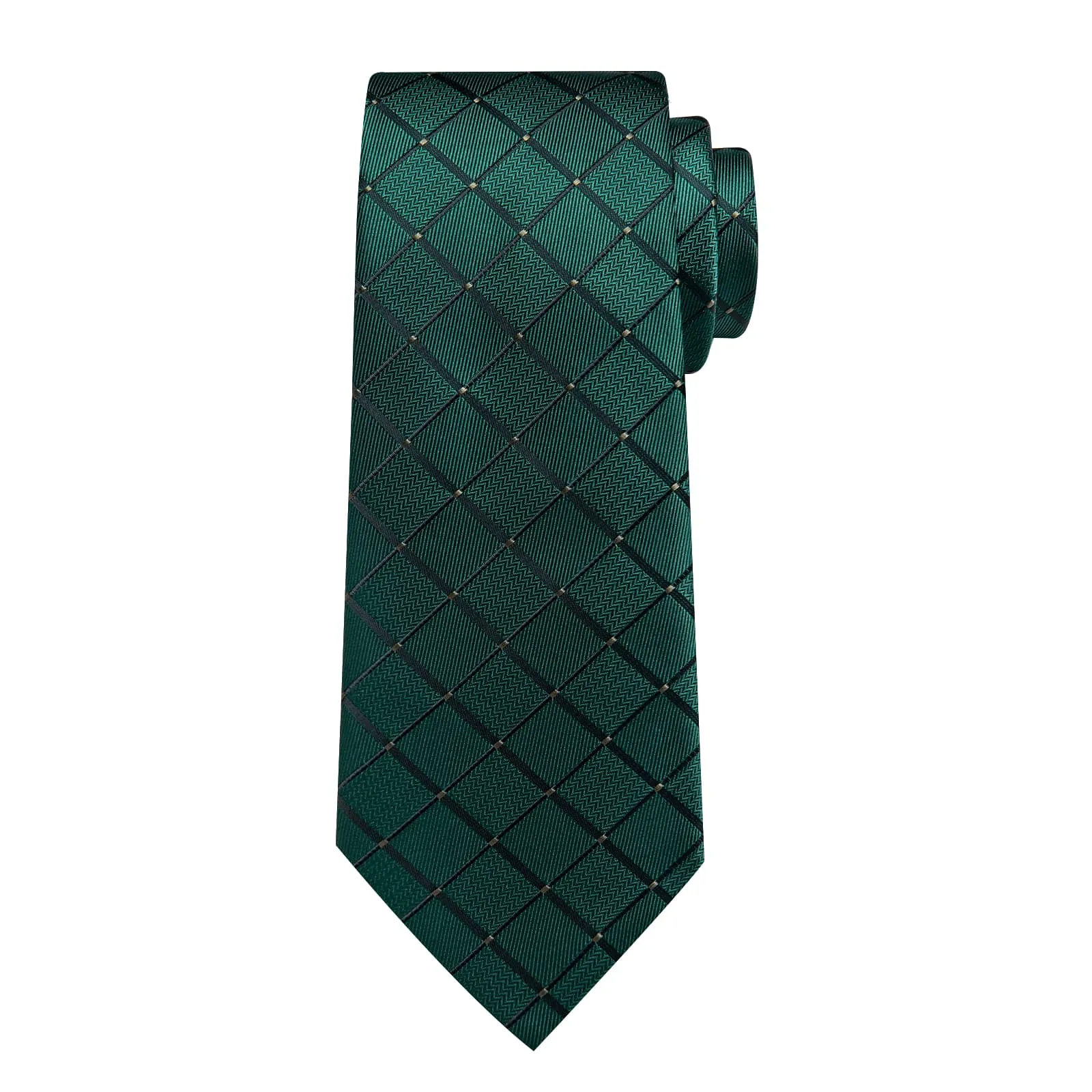 DiBanGu Dress Tie Deep Green Plaid Men's Silk Tie Pocket Square Cufflinks Set