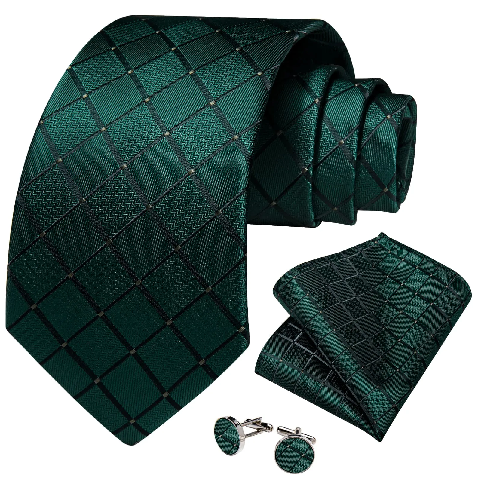 DiBanGu Dress Tie Deep Green Plaid Men's Silk Tie Pocket Square Cufflinks Set