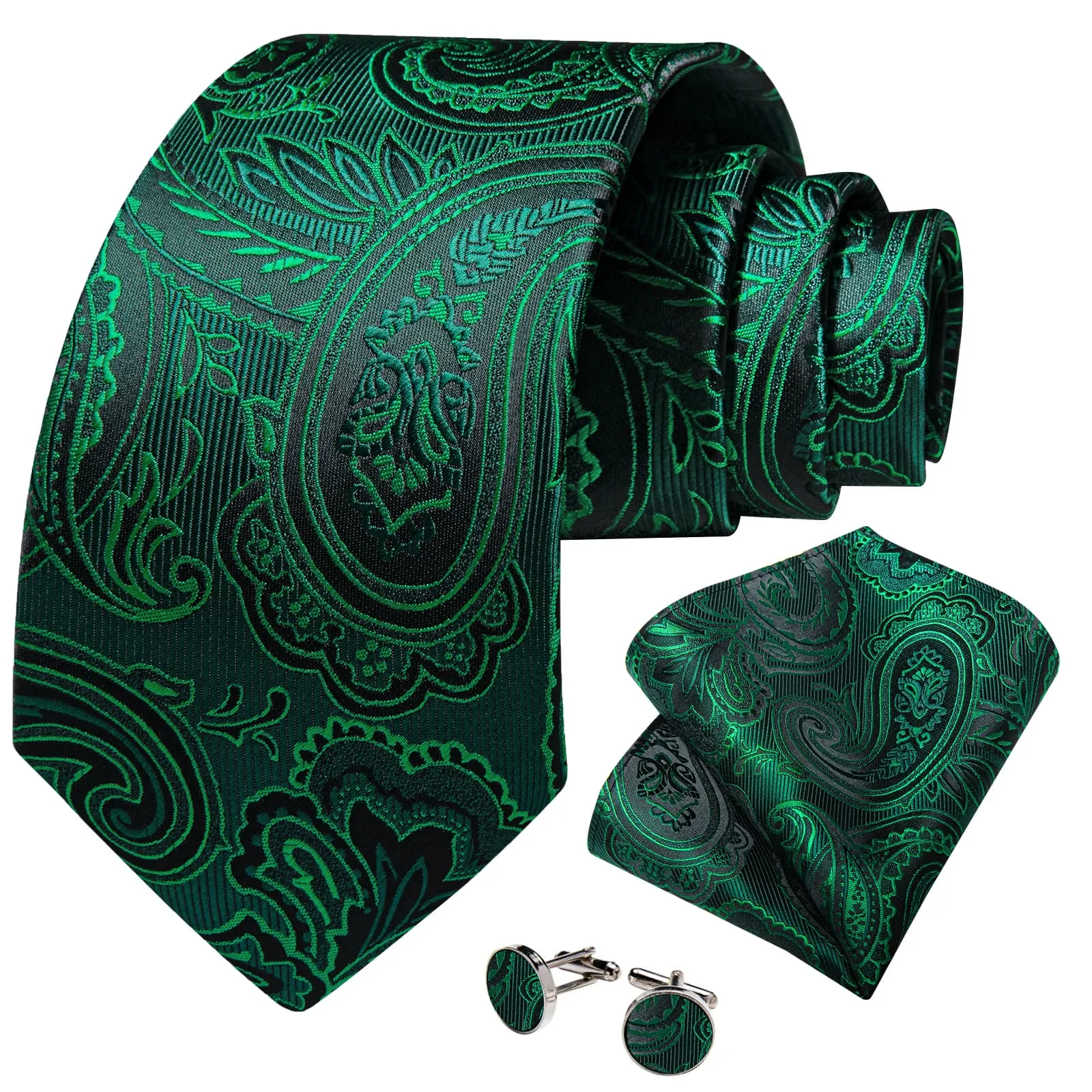 DiBanGu Dress Tie Emerald Green Paisley Men's Silk Tie Handkerchief Cufflinks Set