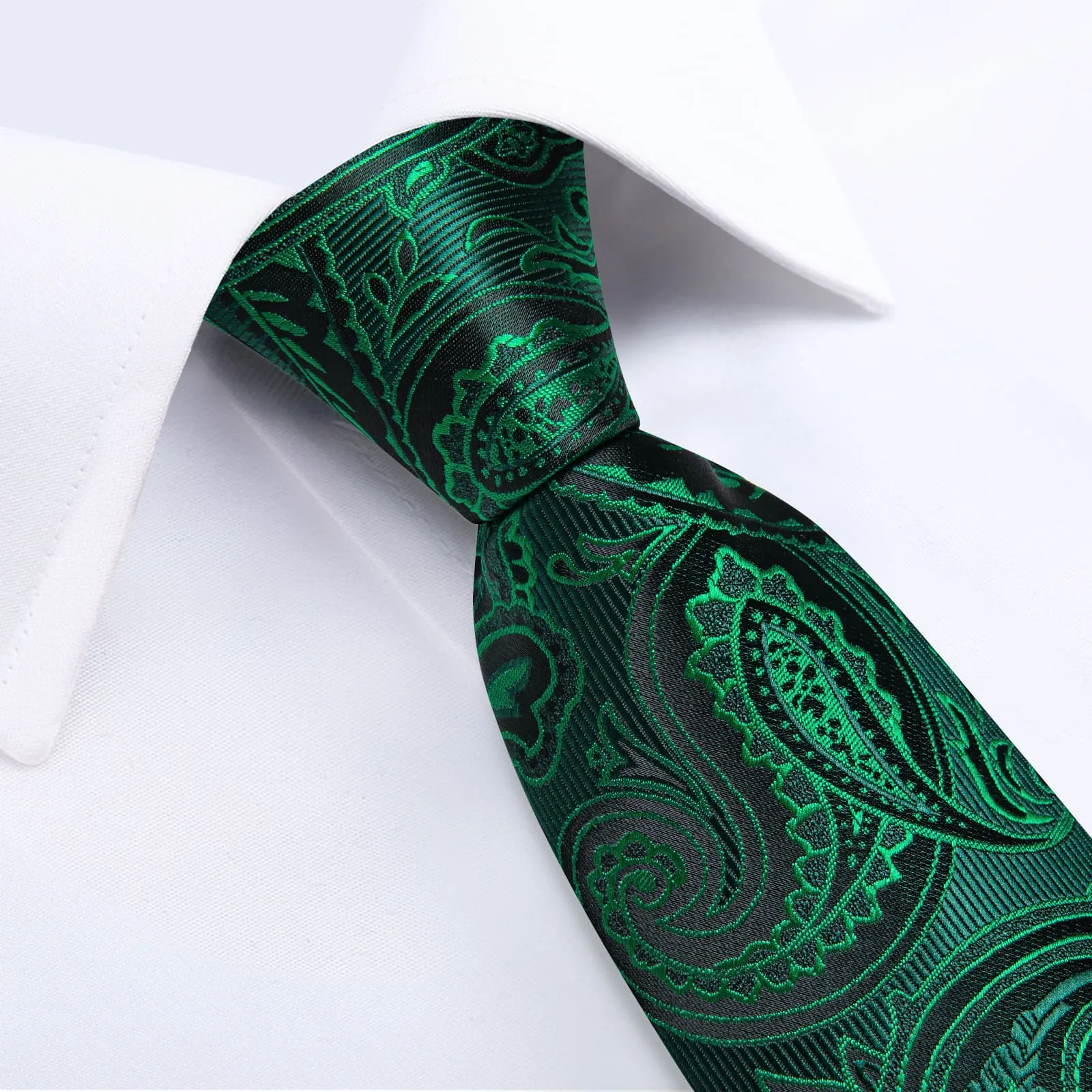 DiBanGu Dress Tie Emerald Green Paisley Men's Silk Tie Handkerchief Cufflinks Set