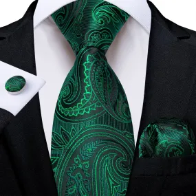 DiBanGu Dress Tie Emerald Green Paisley Men's Silk Tie Handkerchief Cufflinks Set