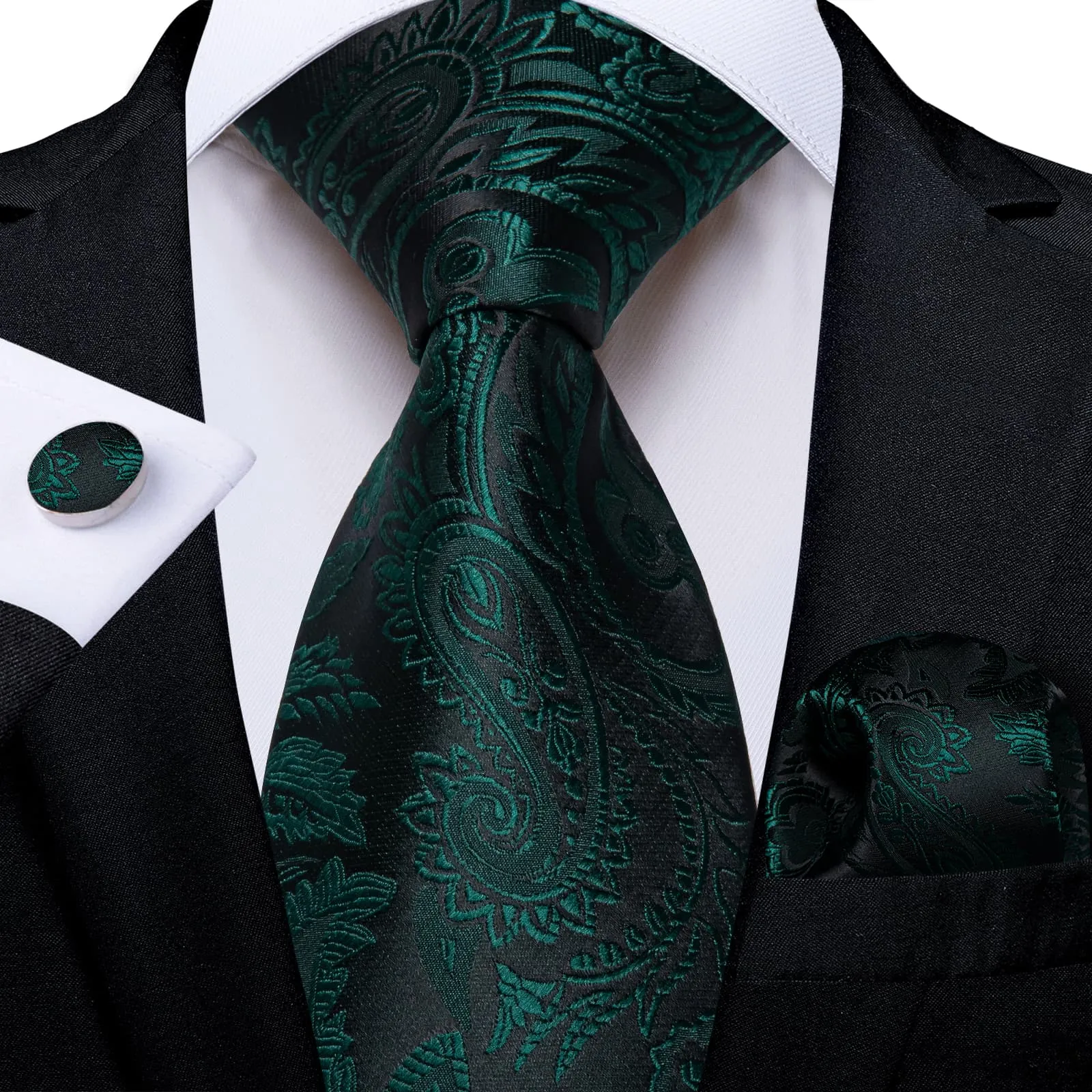 DiBanGu Dress Tie Medium Jungle Green Paisley Mens Work Silk Tie Pocket Square Cufflinks Set