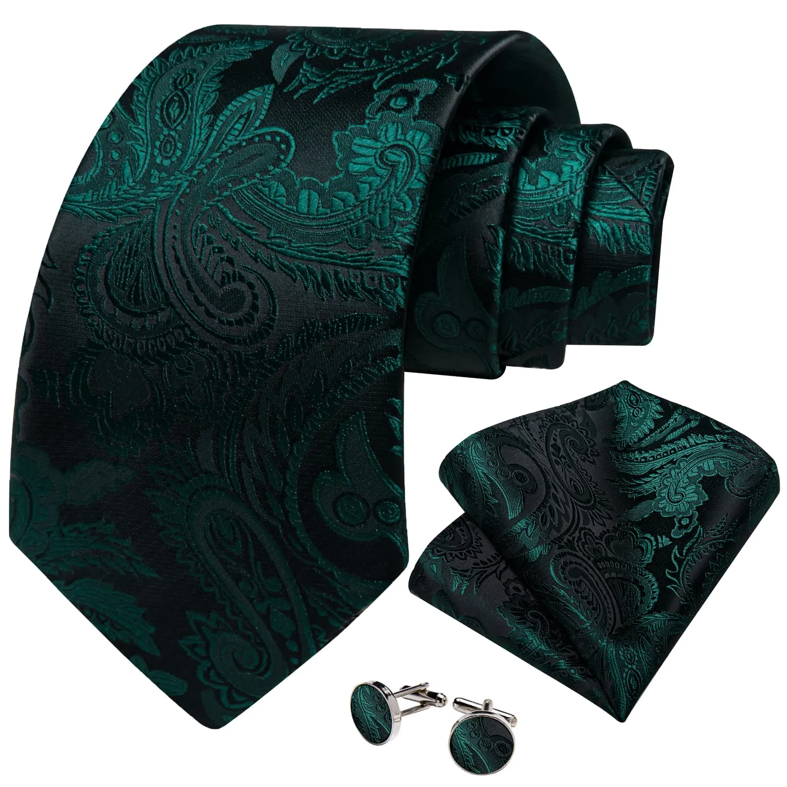 DiBanGu Dress Tie Medium Jungle Green Paisley Mens Work Silk Tie Pocket Square Cufflinks Set