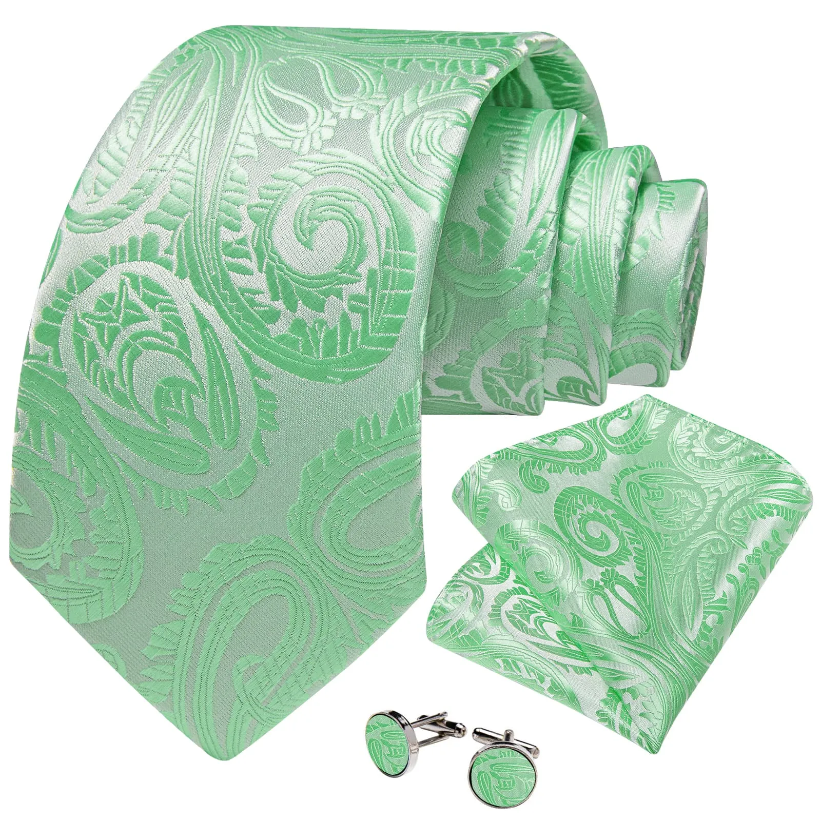 DiBanGu Dress Tie Mint Green Paisley Men's Silk Tie Hanky Cufflinks Set