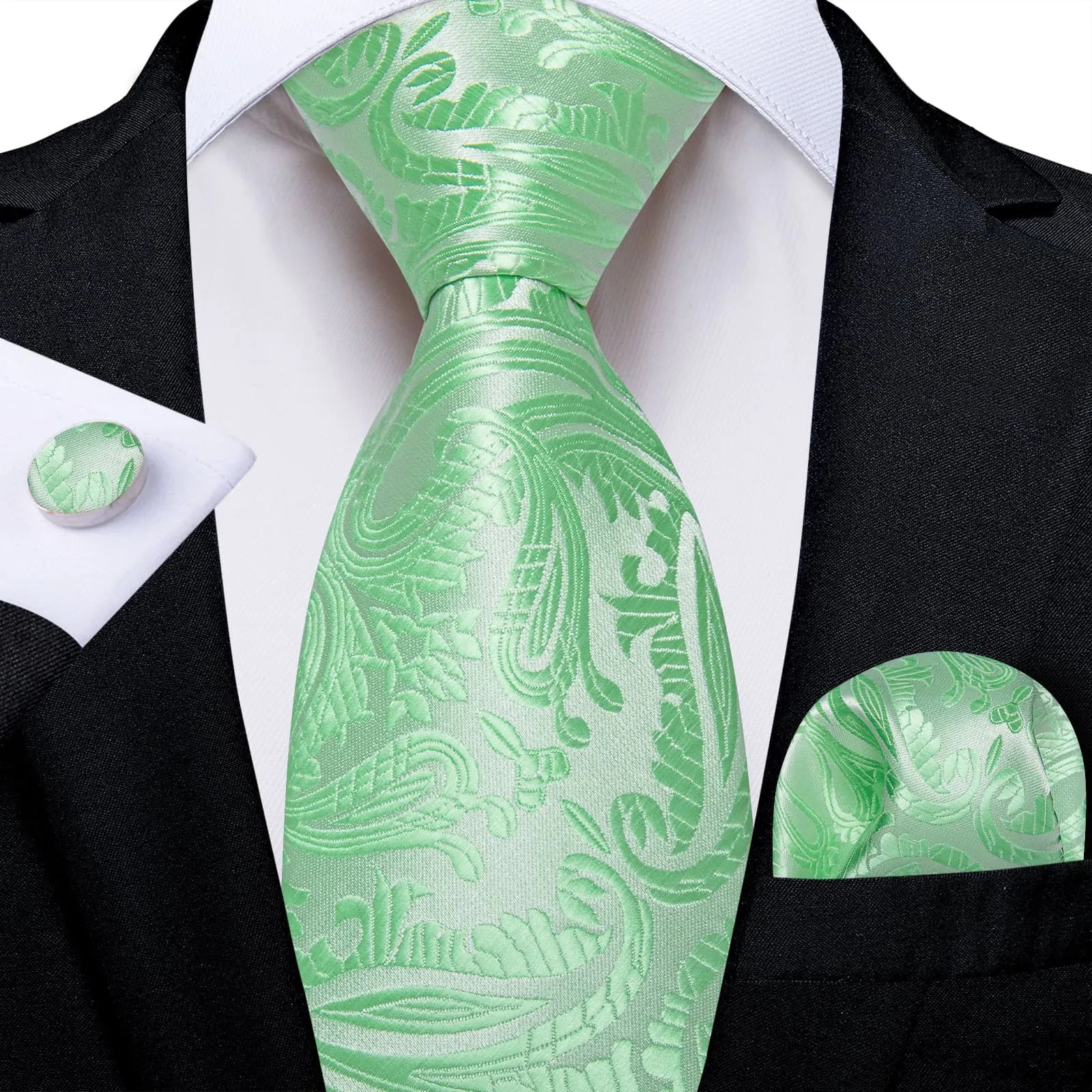 DiBanGu Dress Tie Mint Green Paisley Men's Silk Tie Hanky Cufflinks Set