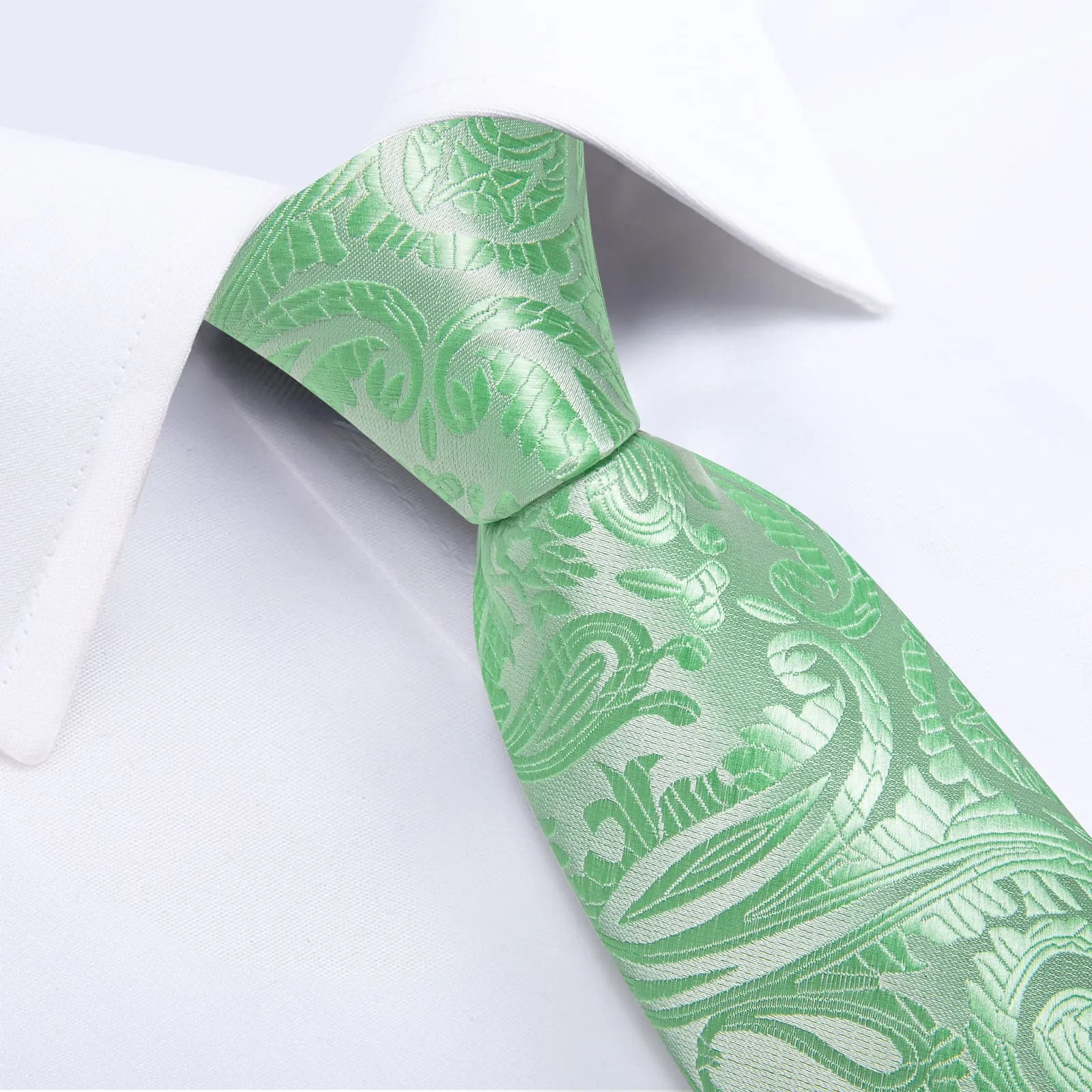 DiBanGu Dress Tie Mint Green Paisley Men's Silk Tie Hanky Cufflinks Set