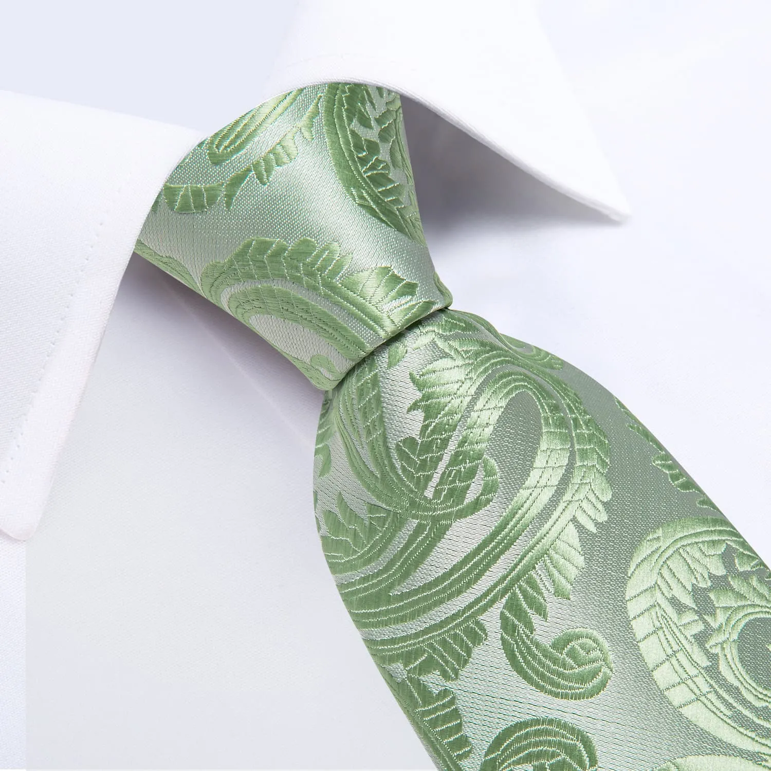 DiBanGu Dress Tie Sage Green Paisley Men's Silk Tie Hanky Cufflinks Set