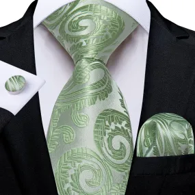 DiBanGu Dress Tie Sage Green Paisley Men's Silk Tie Hanky Cufflinks Set