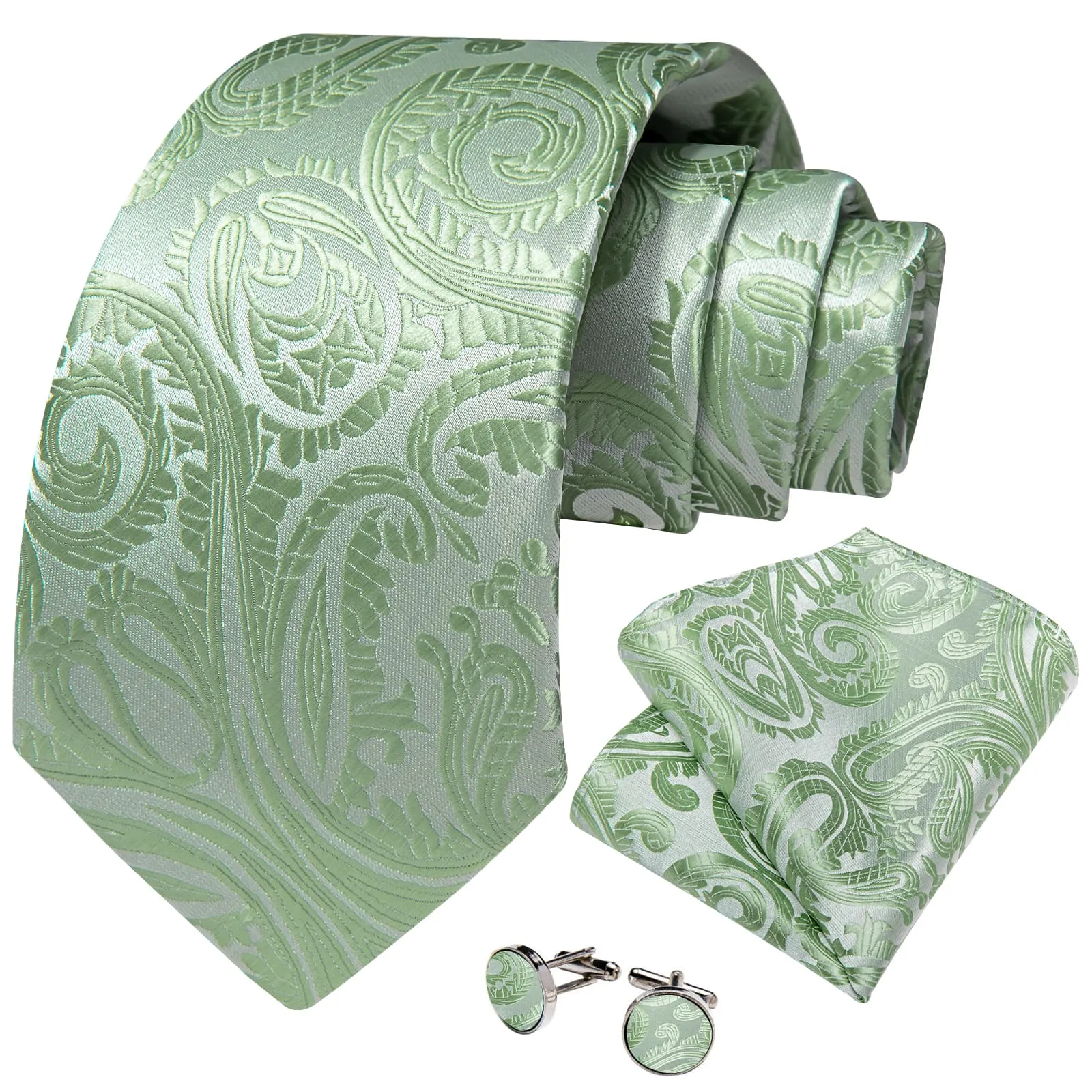 DiBanGu Dress Tie Sage Green Paisley Men's Silk Tie Hanky Cufflinks Set