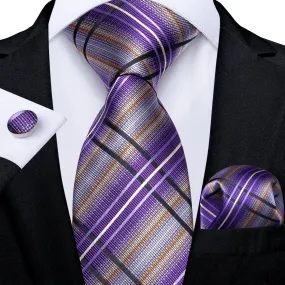 DiBanGu Mens Tie Purple Black Striped Silk Tie Handkerchief Cufflinks Set