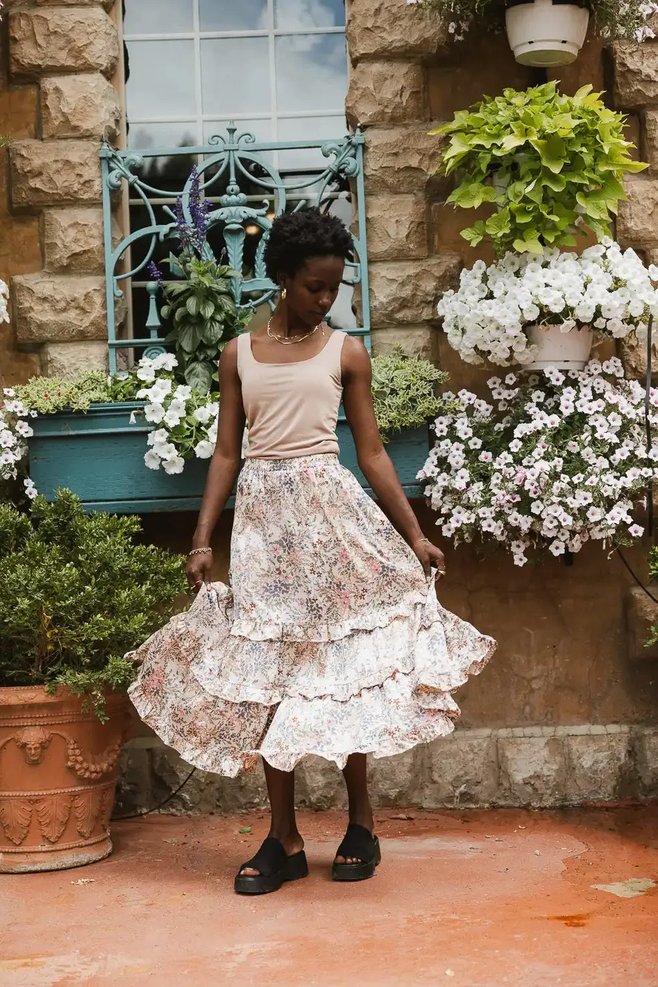 Dimitria Floral Midi Skirt in Sand