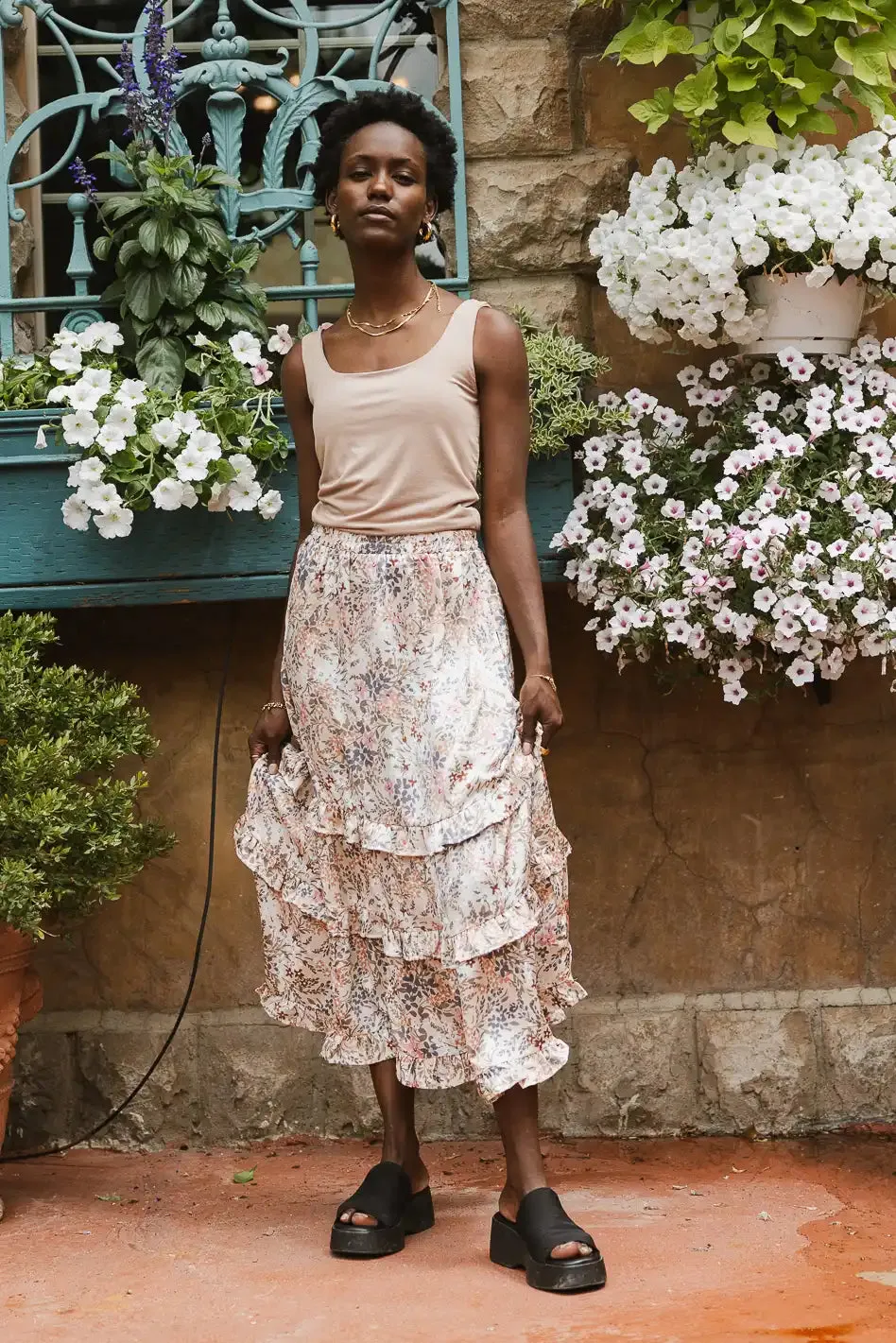 Dimitria Floral Midi Skirt in Sand