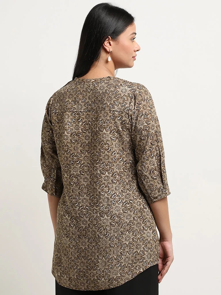 Diza Taupe Abstract Printed Straight Tunic