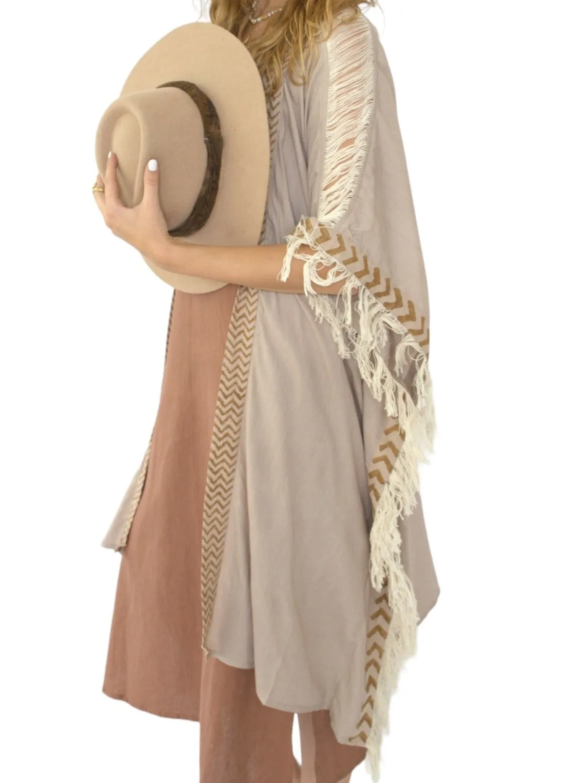 Dusty Rose Closed-Back Fringe Poncho