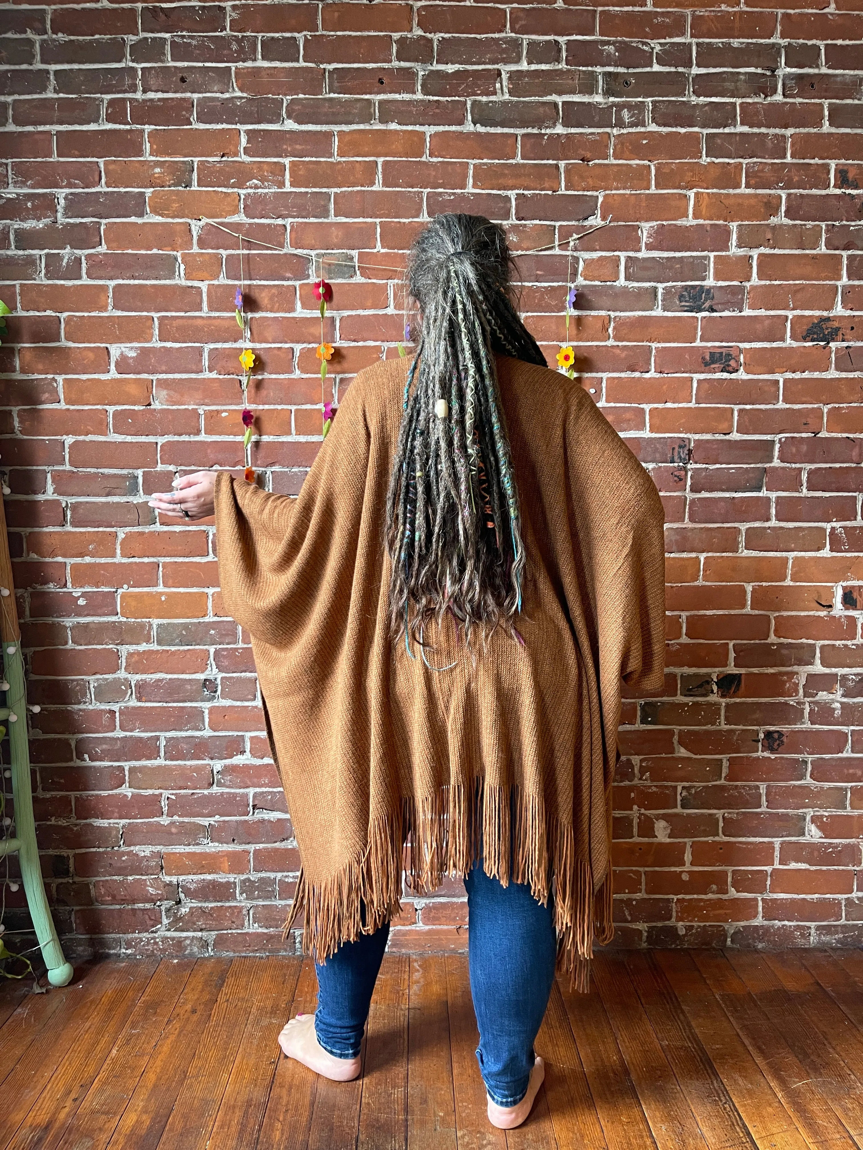 Earthy Mama Long Brown Fringe Poncho With Pockets