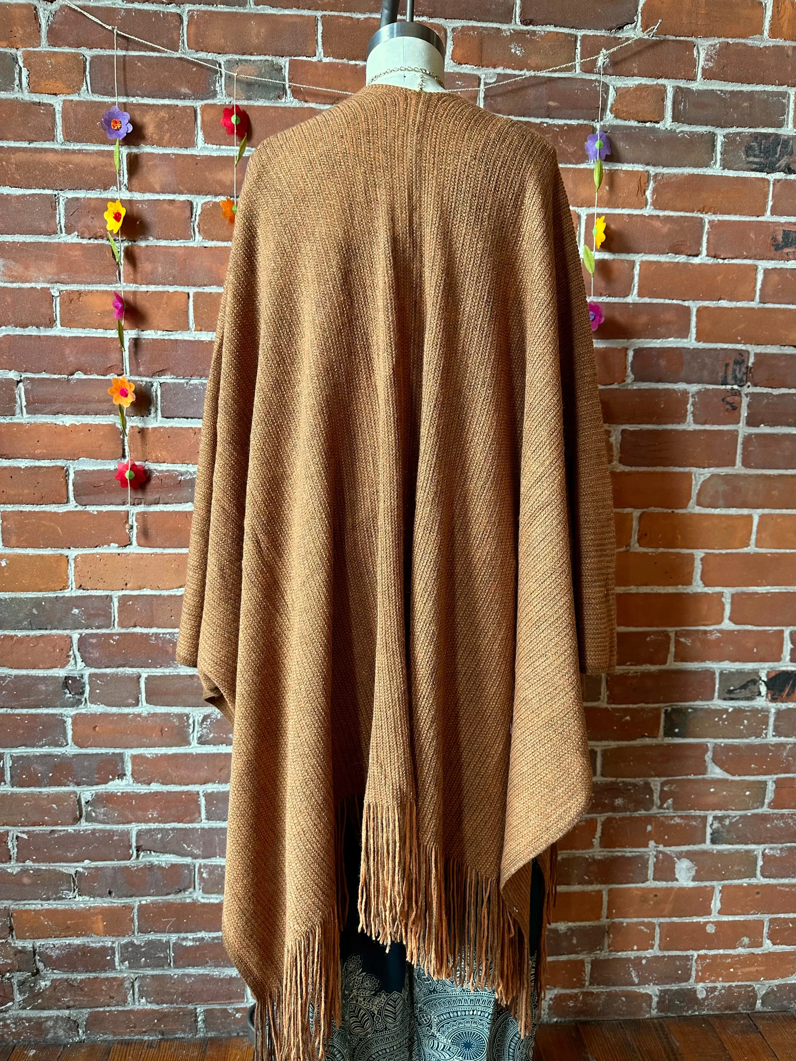 Earthy Mama Long Brown Fringe Poncho With Pockets