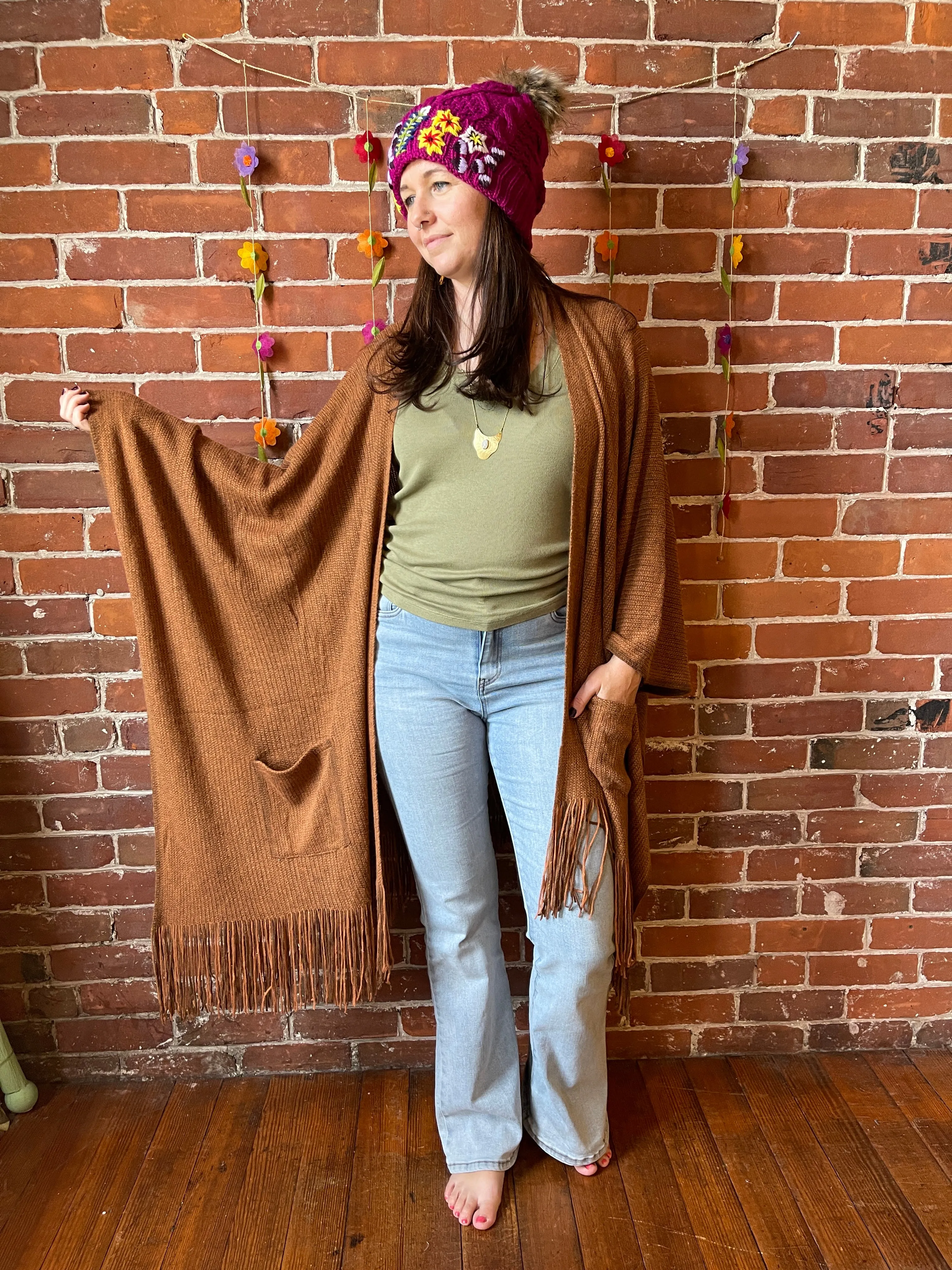 Earthy Mama Long Brown Fringe Poncho With Pockets