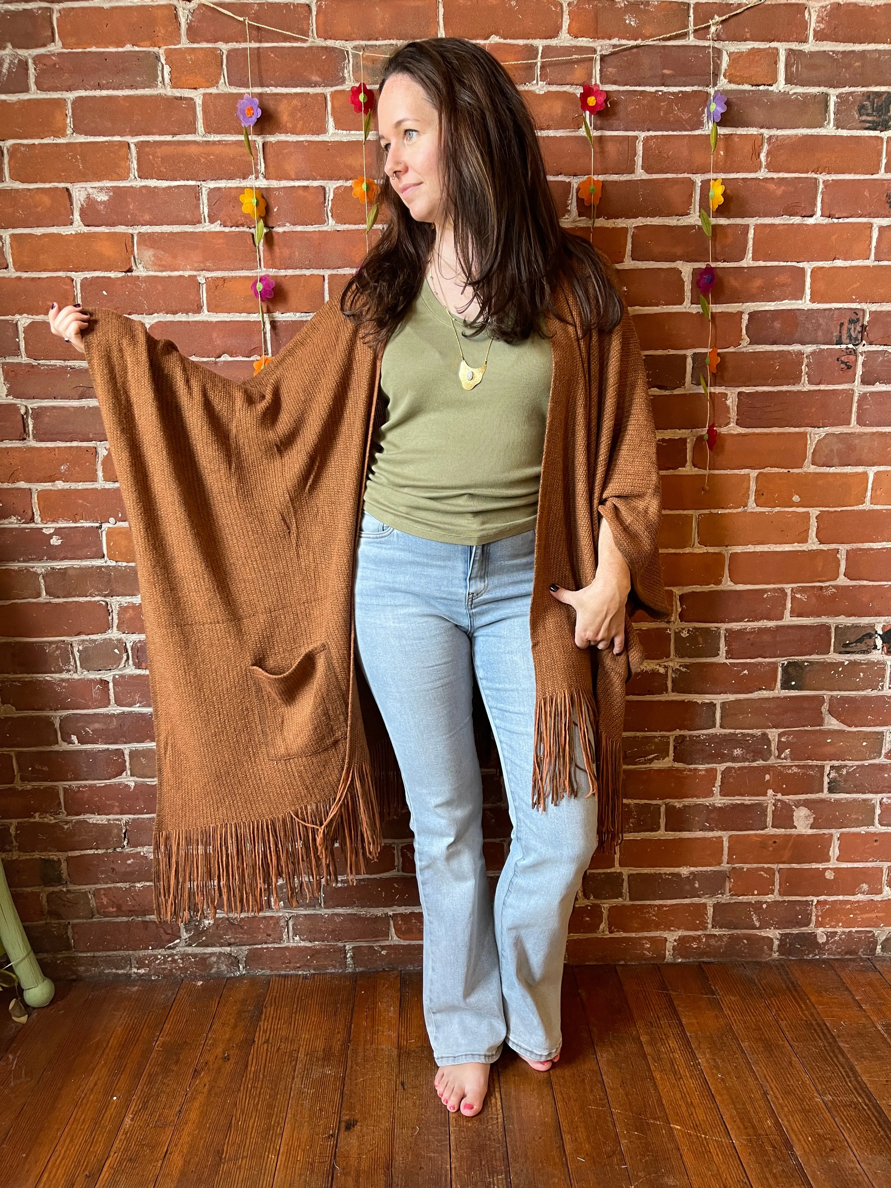 Earthy Mama Long Brown Fringe Poncho With Pockets