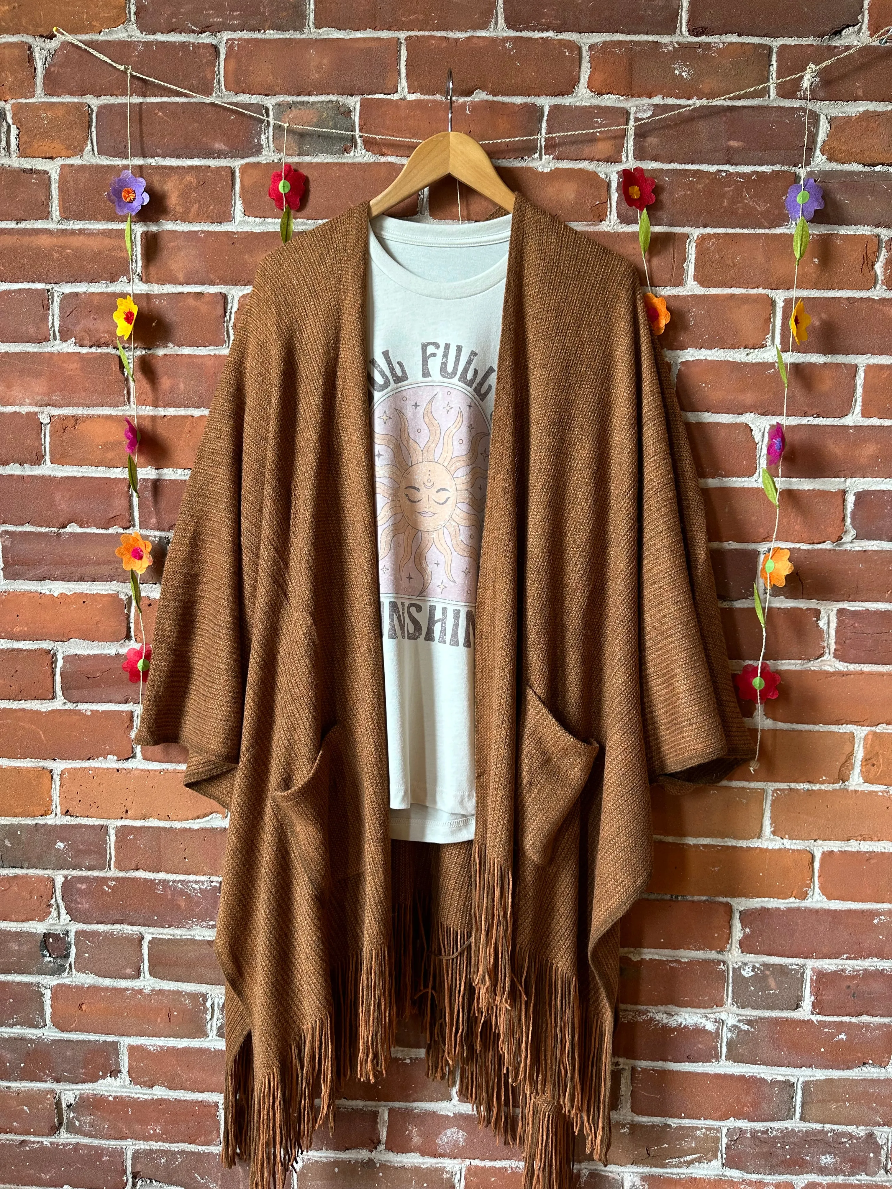 Earthy Mama Long Brown Fringe Poncho With Pockets