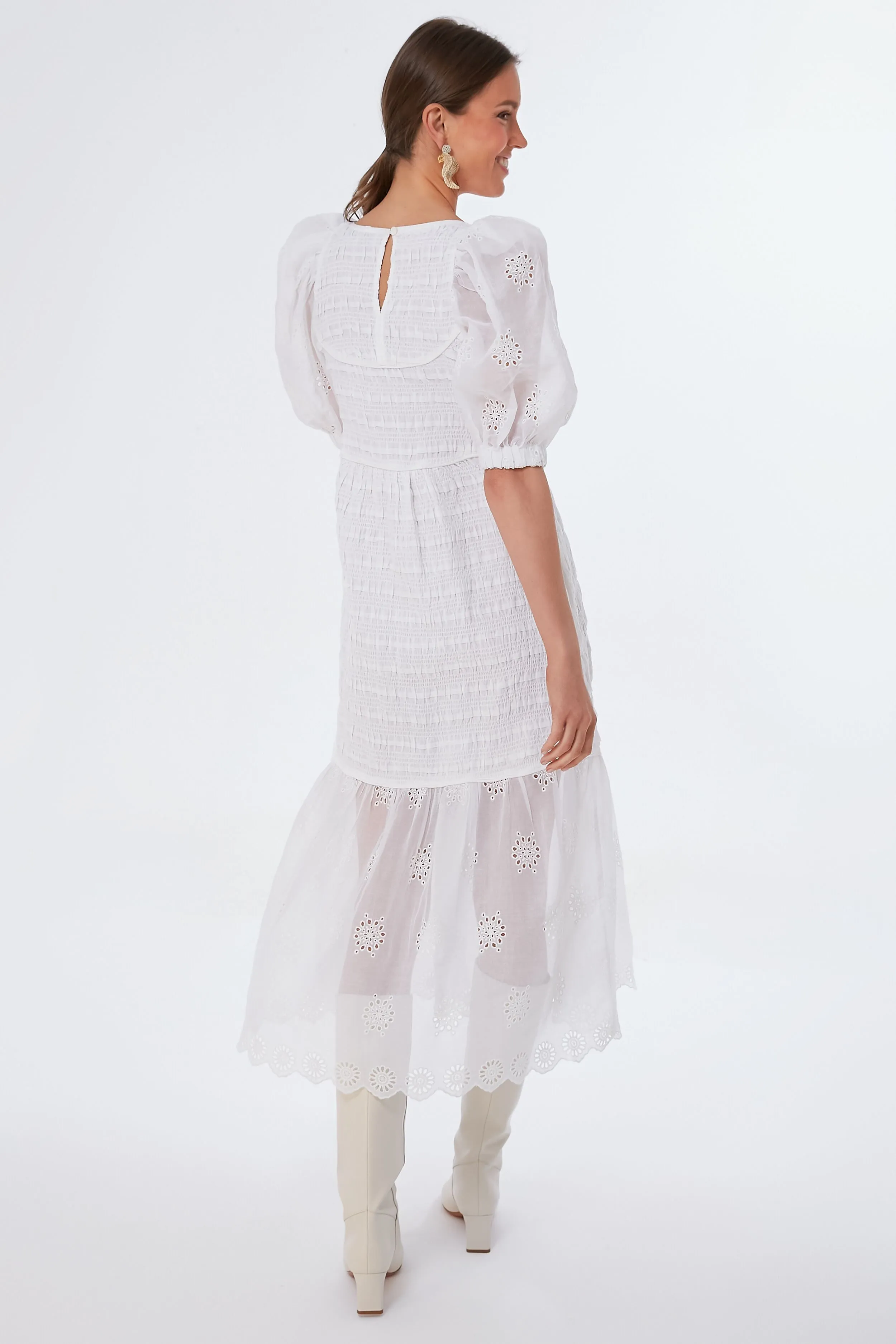 Eggshell Blaine Eyelet Puff Sleeve Smocked Dress