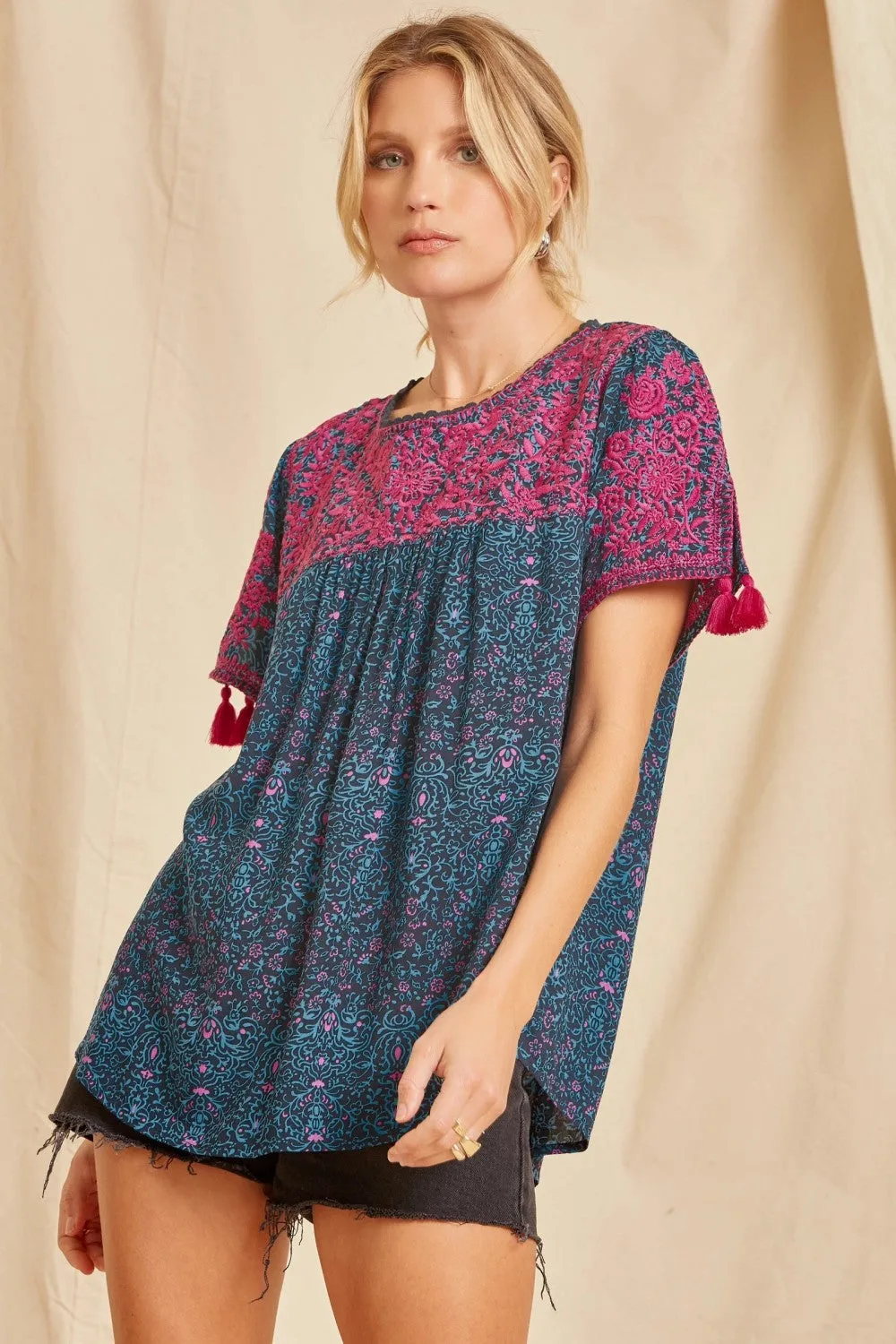 Embroidered Babydoll Top, Magenta & Teal