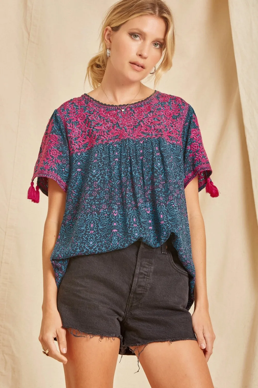 Embroidered Babydoll Top, Magenta & Teal