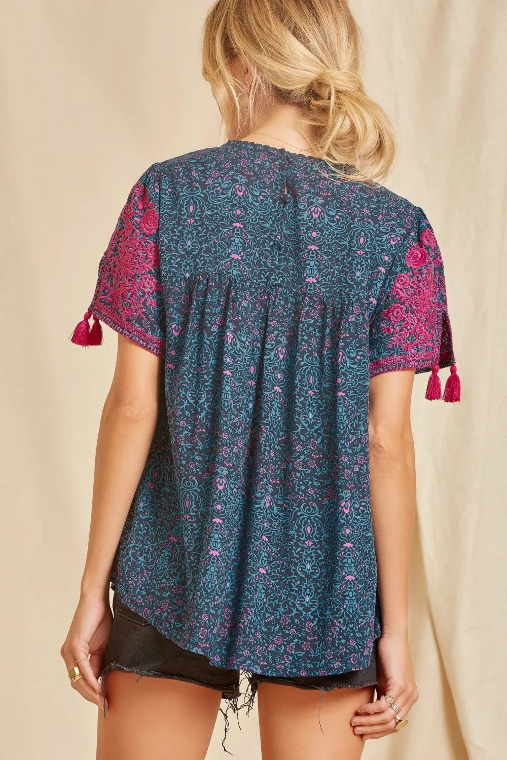 Embroidered Babydoll Top, Magenta & Teal