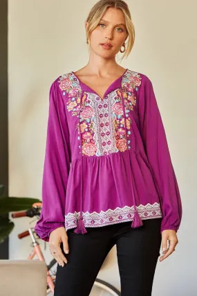 Embroidered Peplum Blouse, Magenta