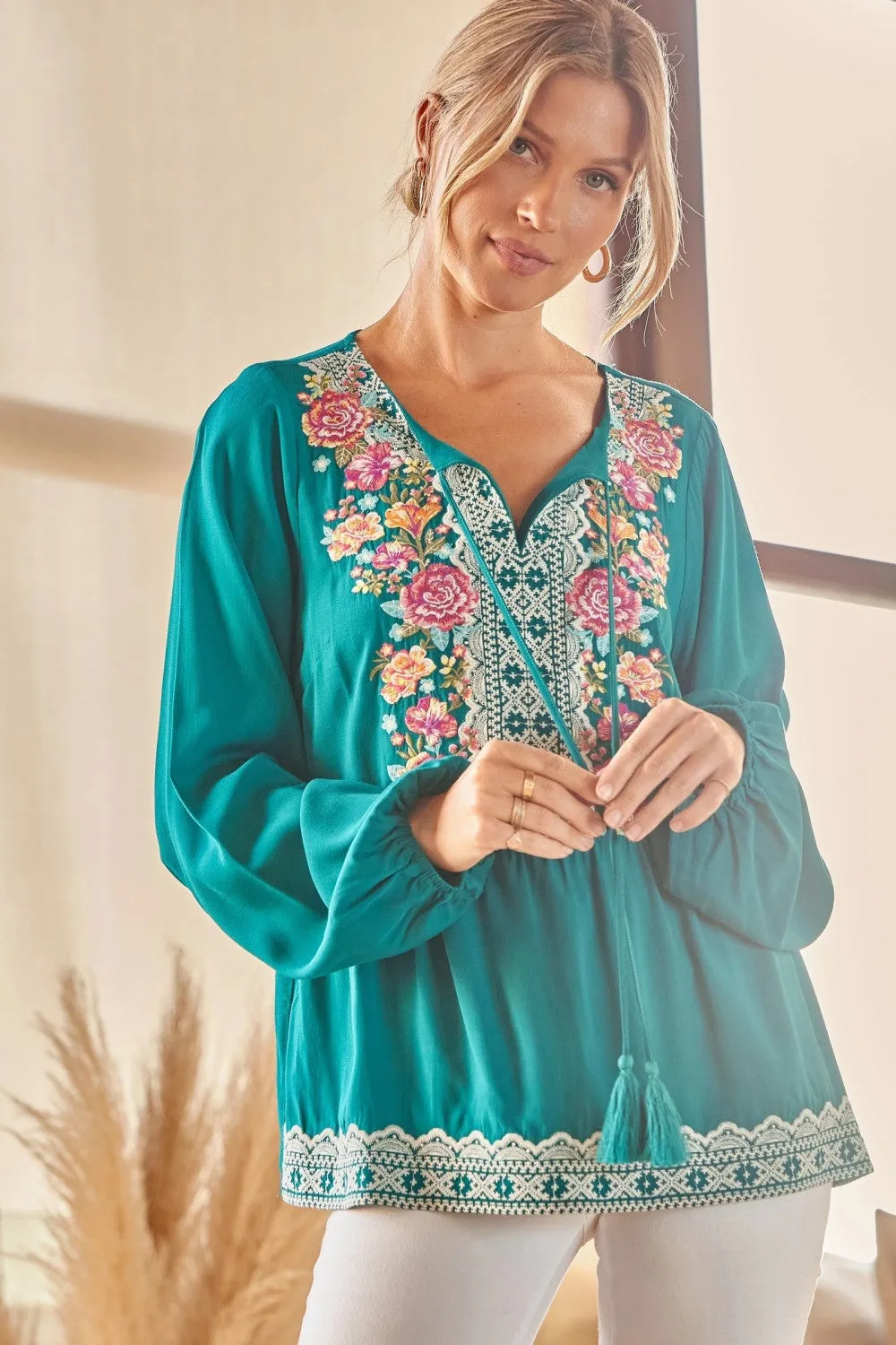 Embroidered Peplum Blouse, Teal