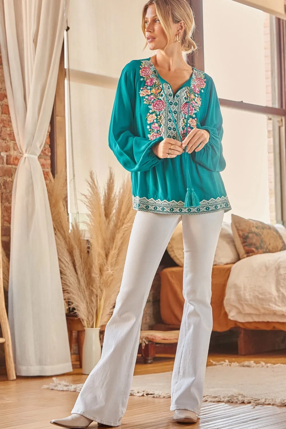 Embroidered Peplum Blouse, Teal