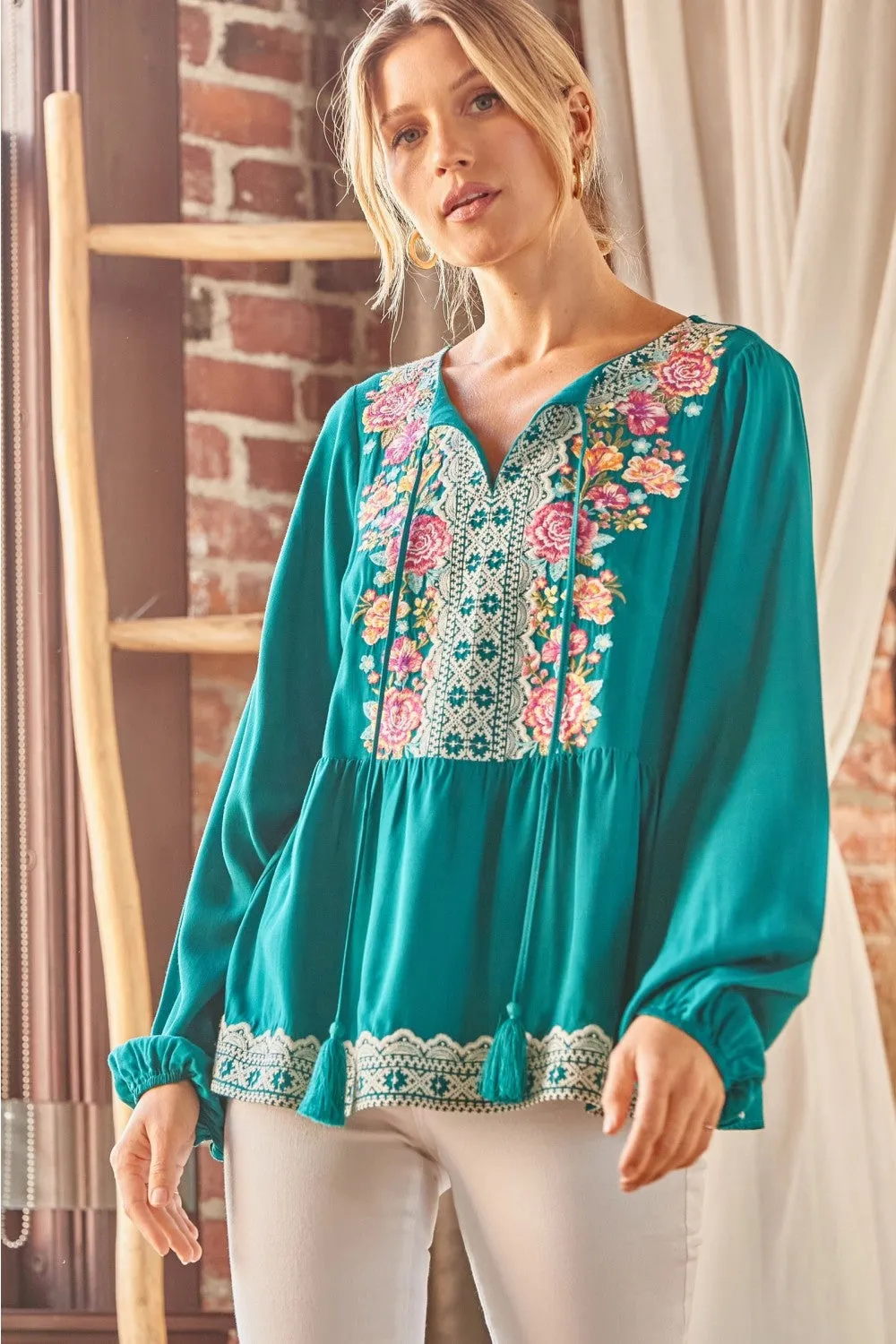 Embroidered Peplum Blouse, Teal