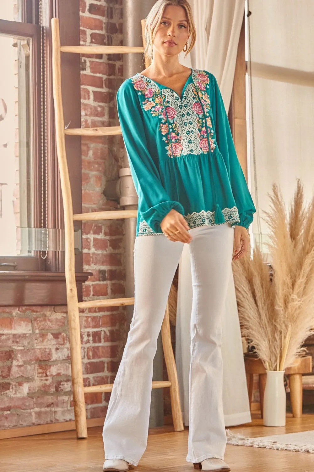 Embroidered Peplum Blouse, Teal