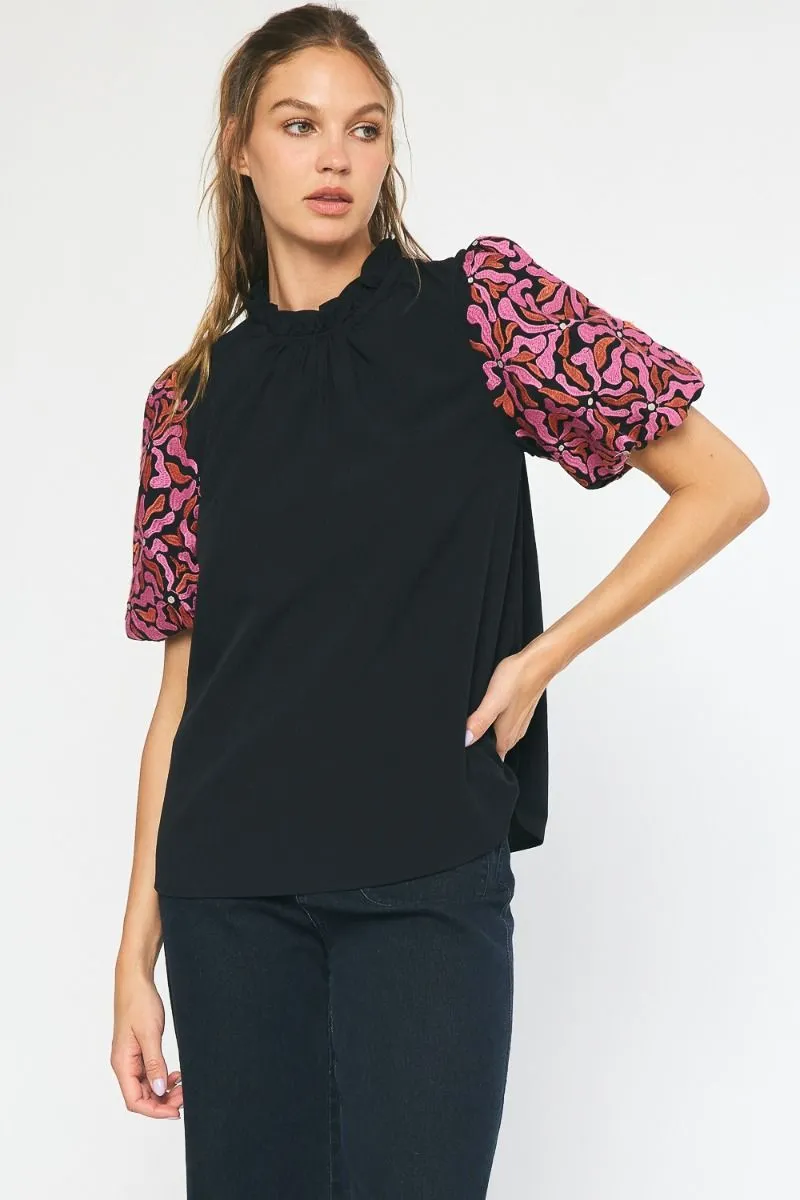 Embroidered Puff Sleeve Top, Black