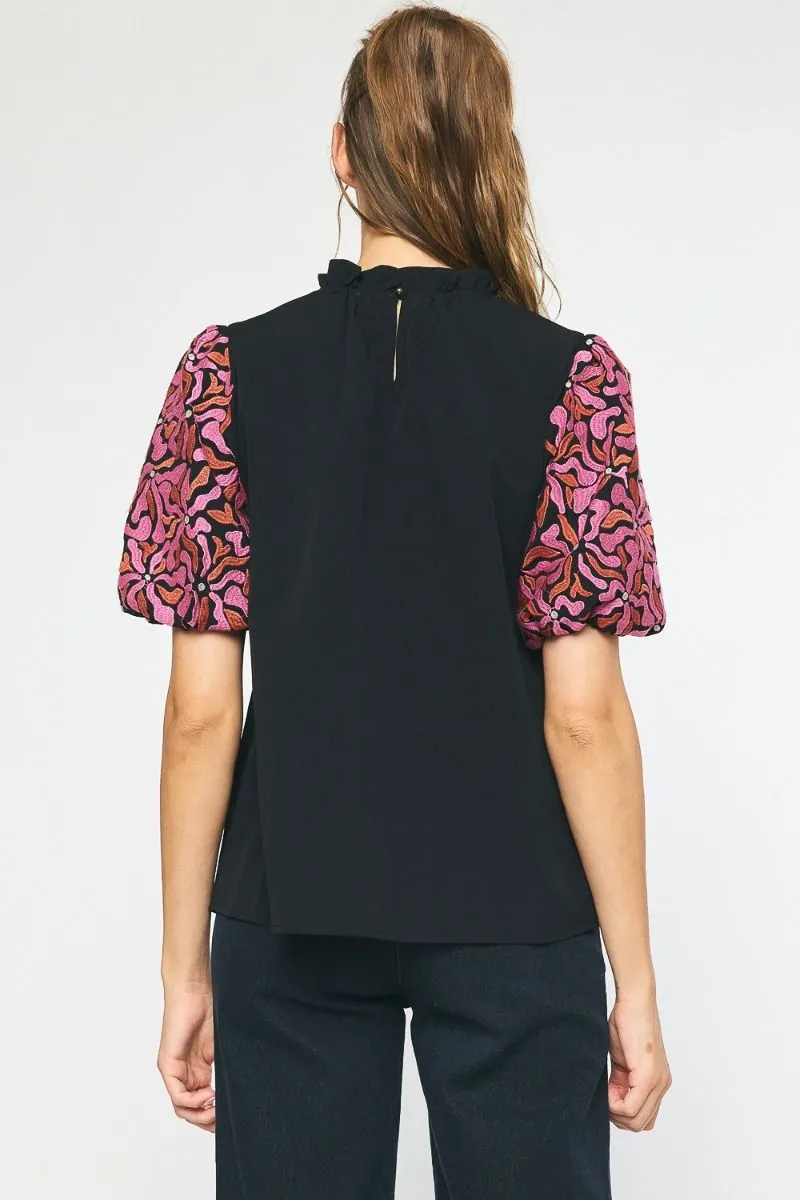 Embroidered Puff Sleeve Top, Black