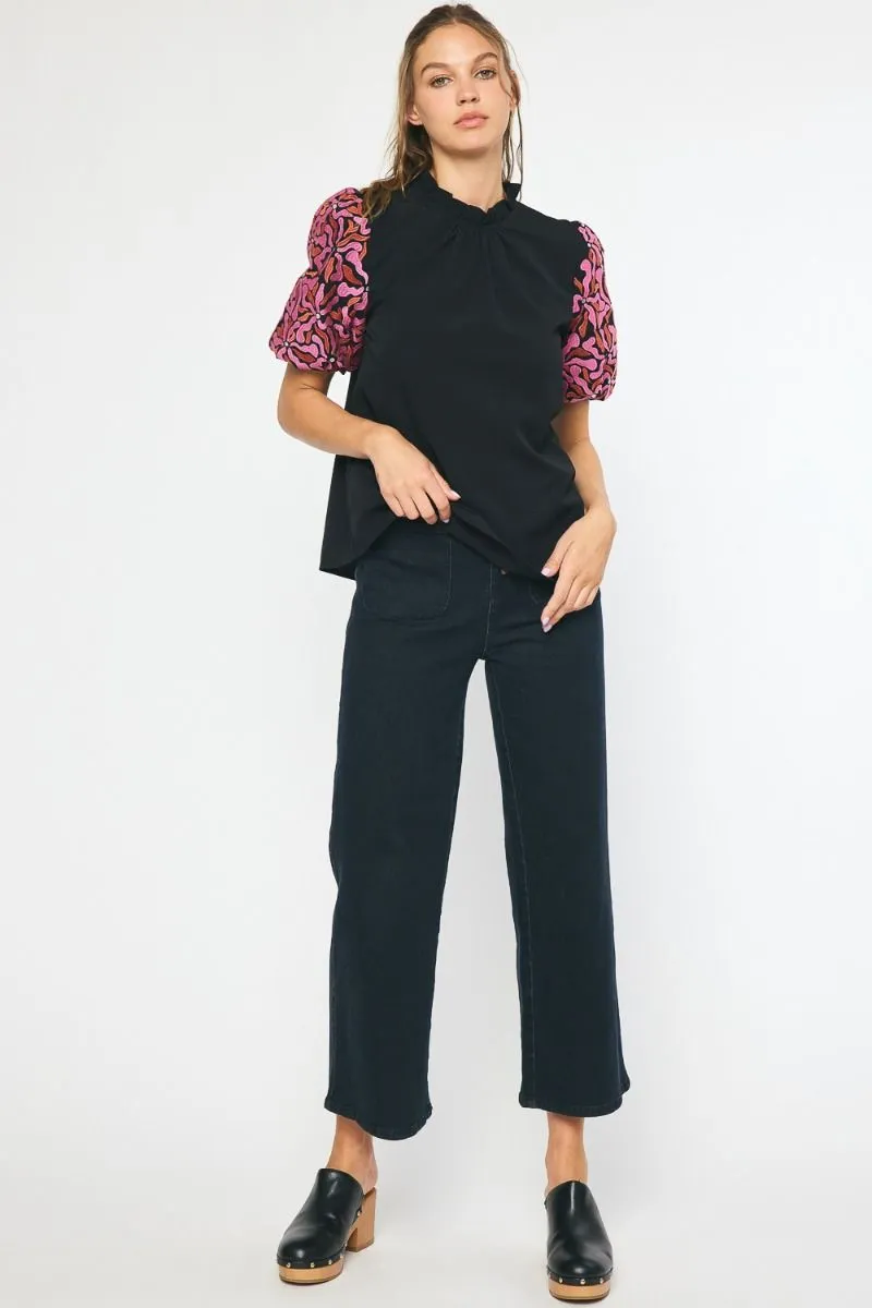 Embroidered Puff Sleeve Top, Black