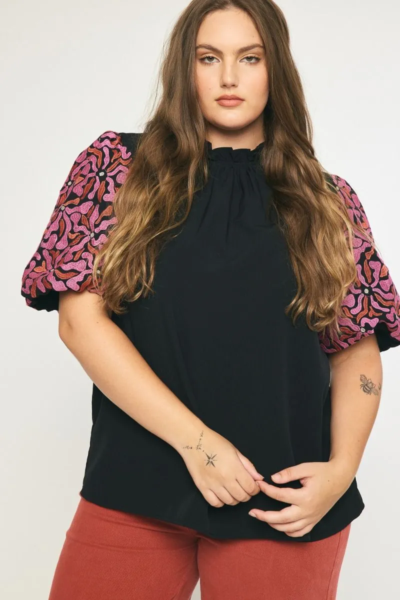 Embroidered Puff Sleeve Top, Black