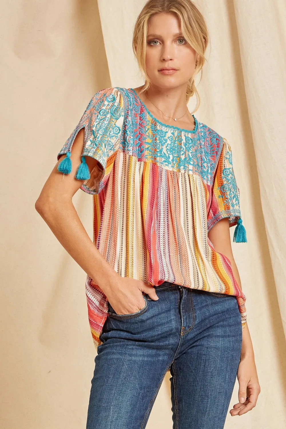 Embroidered Serape Babydoll Top