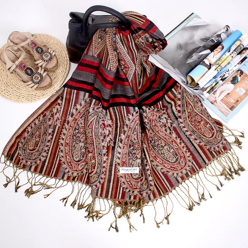 Ethnic Style Long Scarf Nepal Jacquard Fringed Cotton Ladies Shawl Scarf